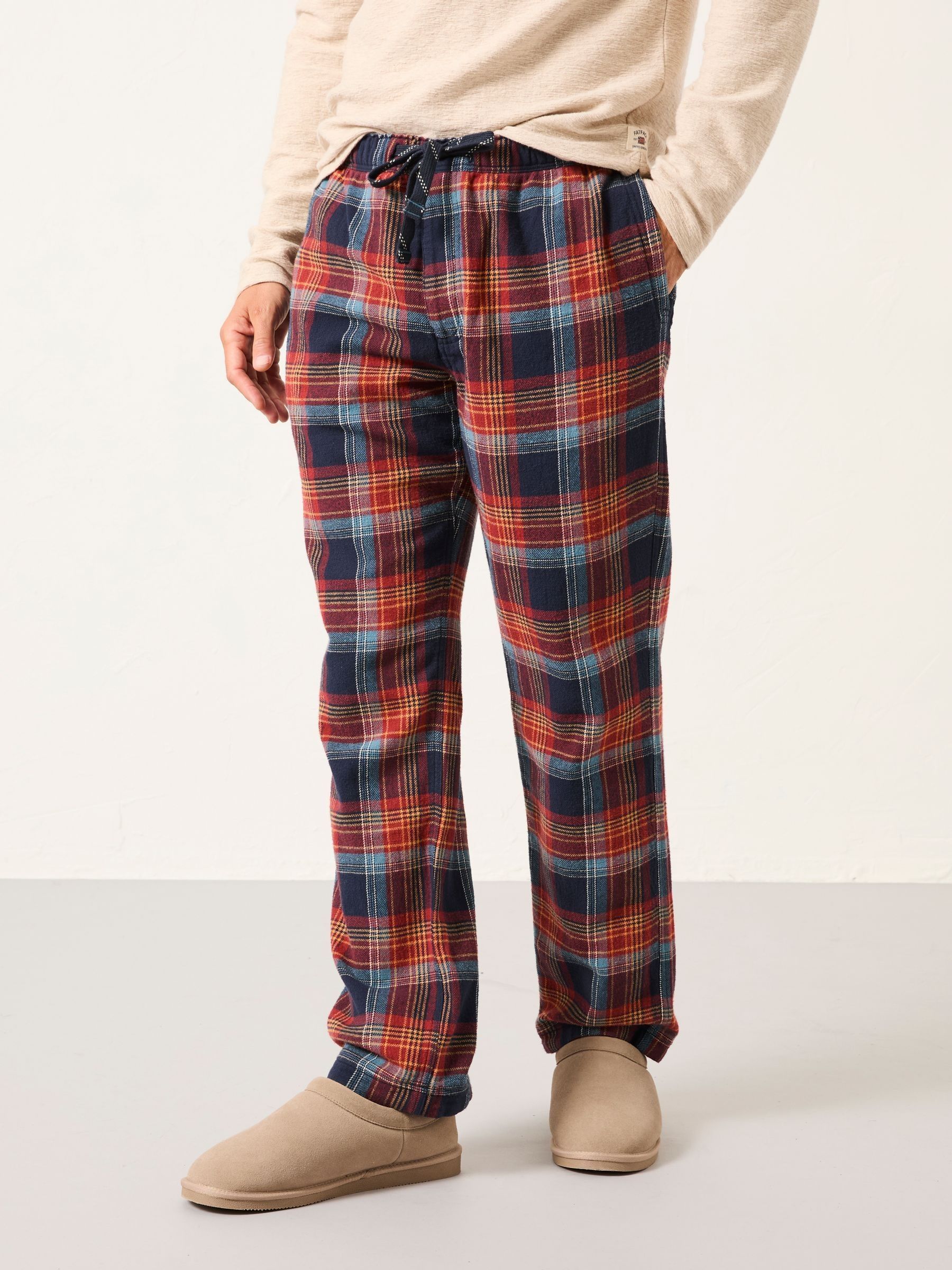 Fat Face Lomond Blue Check Pyjama Bottoms - 100% Cotton - Loose Fit - Drawcord Waist