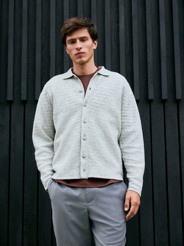 Grey Regular Fit Textured Collared Cardigan with Wool - Image 1 of 12 Grey Regular Fit Textured Collared Cardigan with Wool - Image 1 of 12