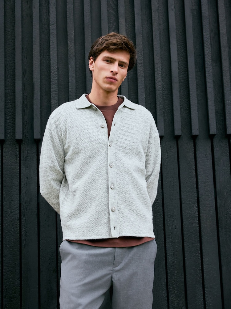 Grey Regular Fit Textured Collared Cardigan with Wool - Image 2 of 12