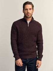 Brown Regular Fit Textured Quarter Zip Neck Jumper - Image 1 of 5