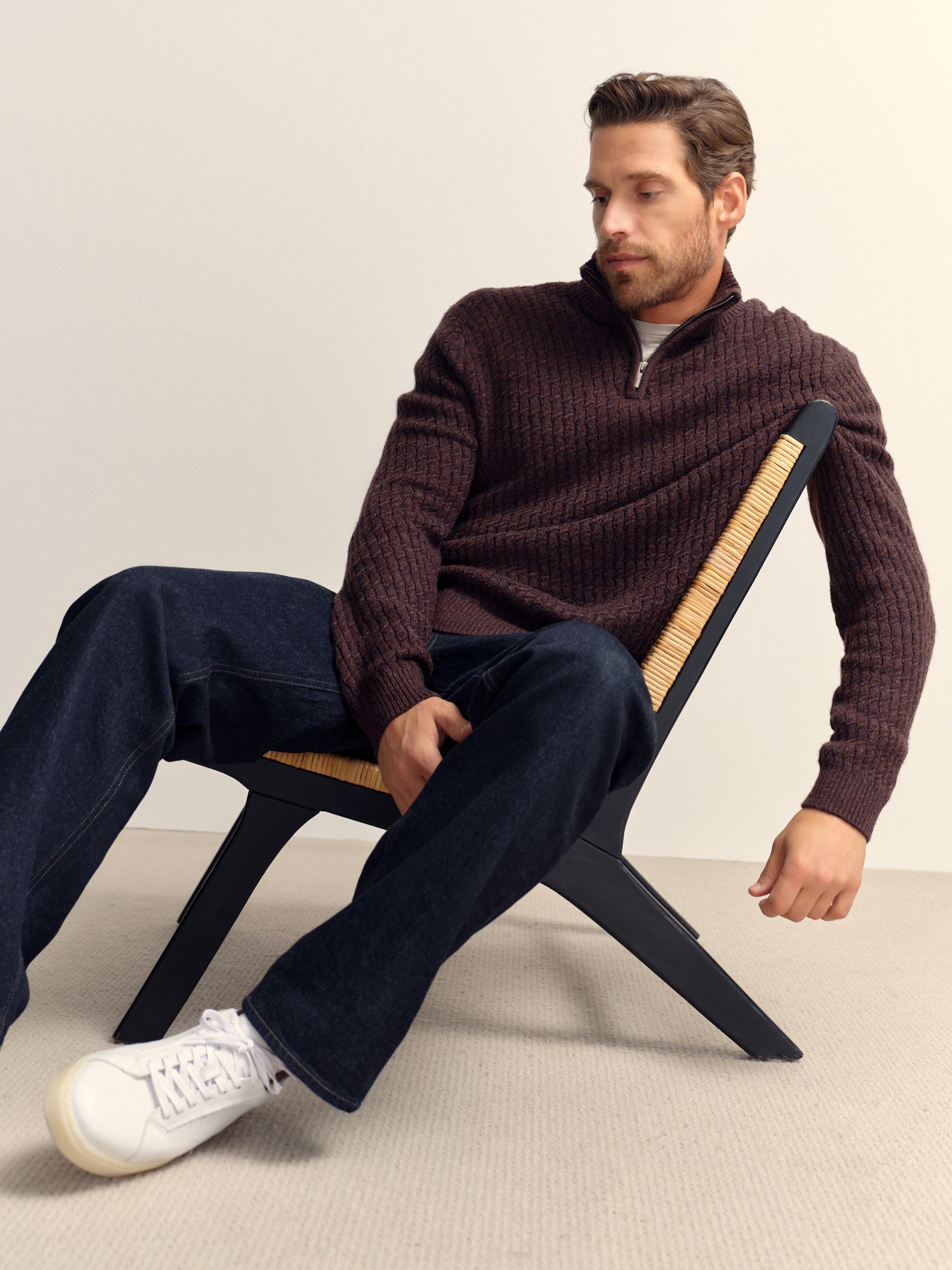Buy Brown Regular Fit Textured Quarter Zip Neck Jumper from Next India