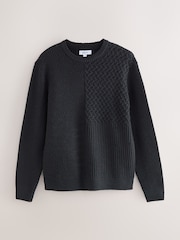 Black Regular Fit Patchwork Cable Crew Neck Jumper with Wool - Image 1 of 3