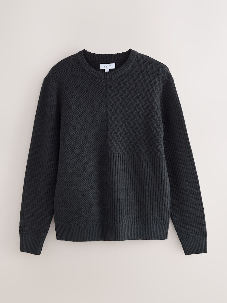 Black Regular Fit Patchwork Cable Crew Neck Jumper with Wool - Image 1 of 3