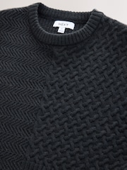 Black Regular Fit Patchwork Cable Crew Neck Jumper with Wool - Image 2 of 3