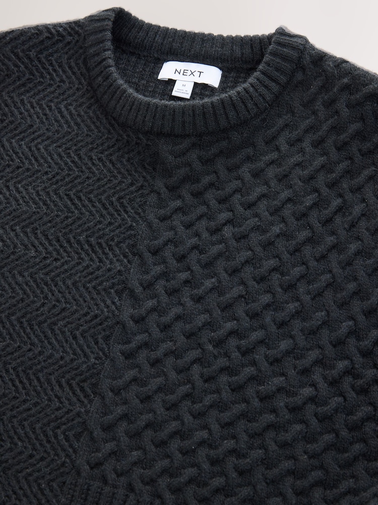 Black Regular Fit Patchwork Cable Crew Neck Jumper with Wool - Image 2 of 3