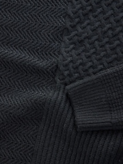 Black Regular Fit Patchwork Cable Crew Neck Jumper with Wool - Image 3 of 3