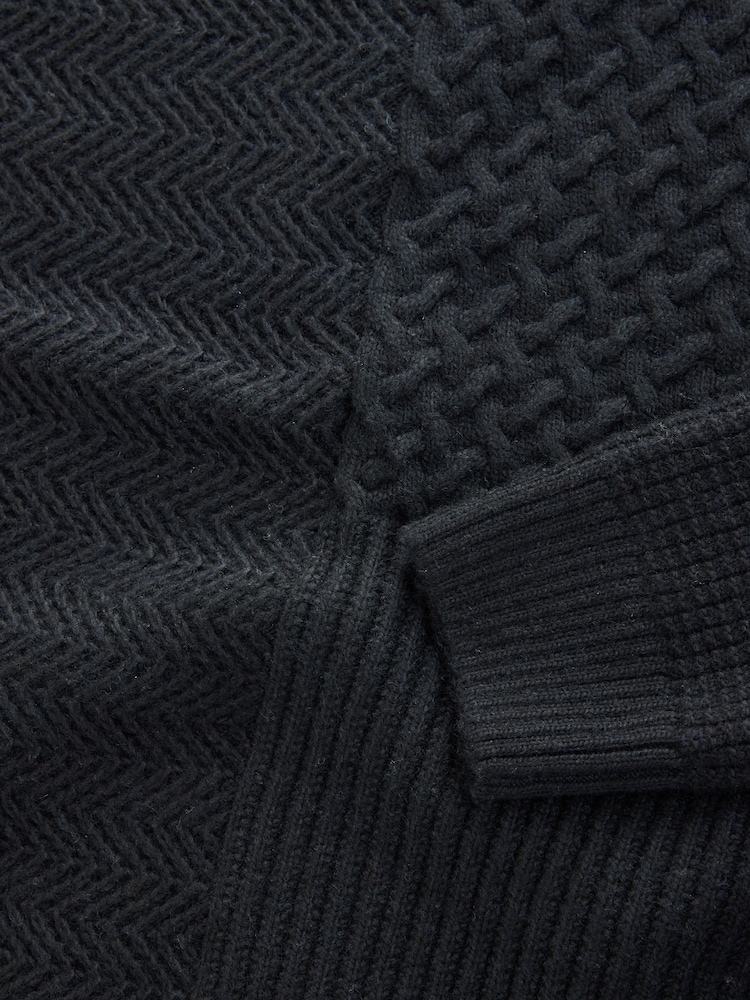 Black Regular Fit Patchwork Cable Crew Neck Jumper with Wool - Image 3 of 3
