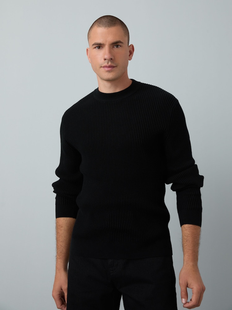 Preto - Regular Fit Rib Texture Crew Jumper - Imagem 1 de 7