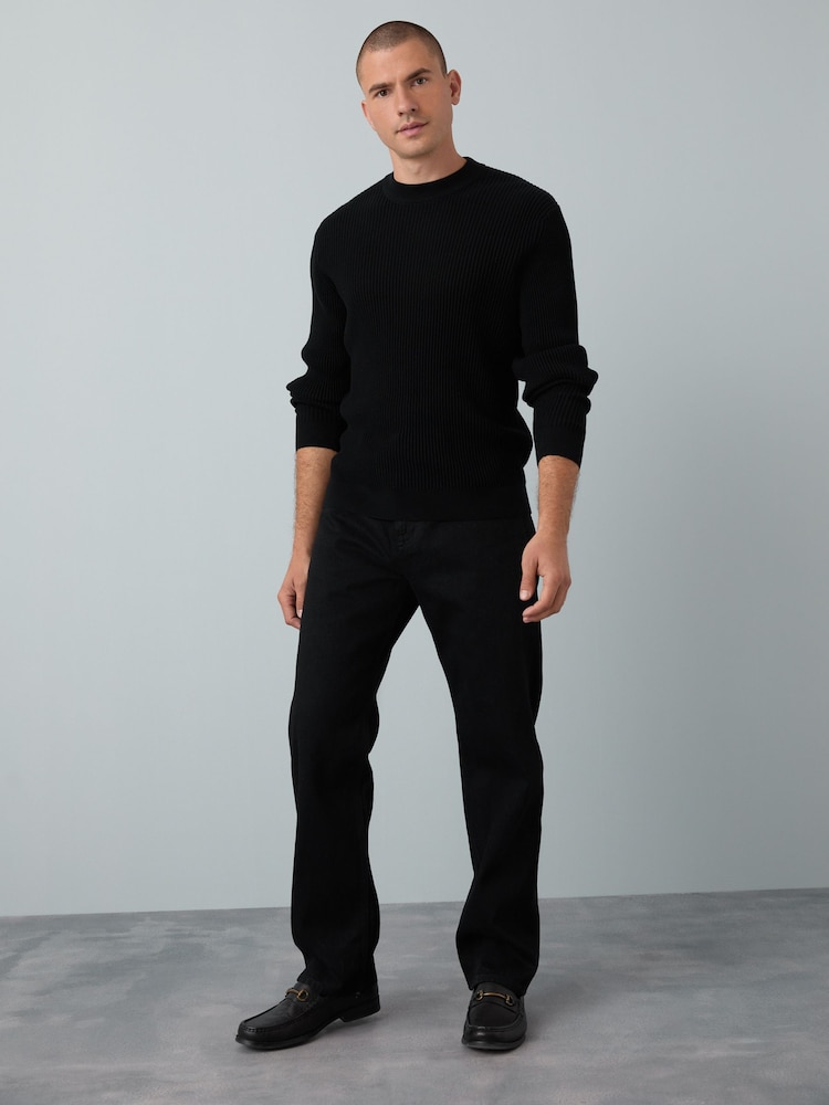 Preto - Regular Fit Rib Texture Crew Jumper - Imagem 2 de 7