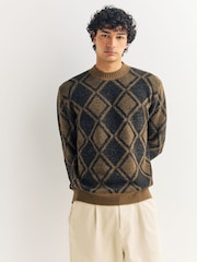 كاكي أخضر - Regular Fit Argyle Crew Neck Jumper - صورة 1 من 8