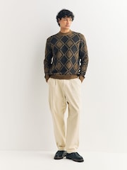 كاكي أخضر - Regular Fit Argyle Crew Neck Jumper - صورة 2 من 8