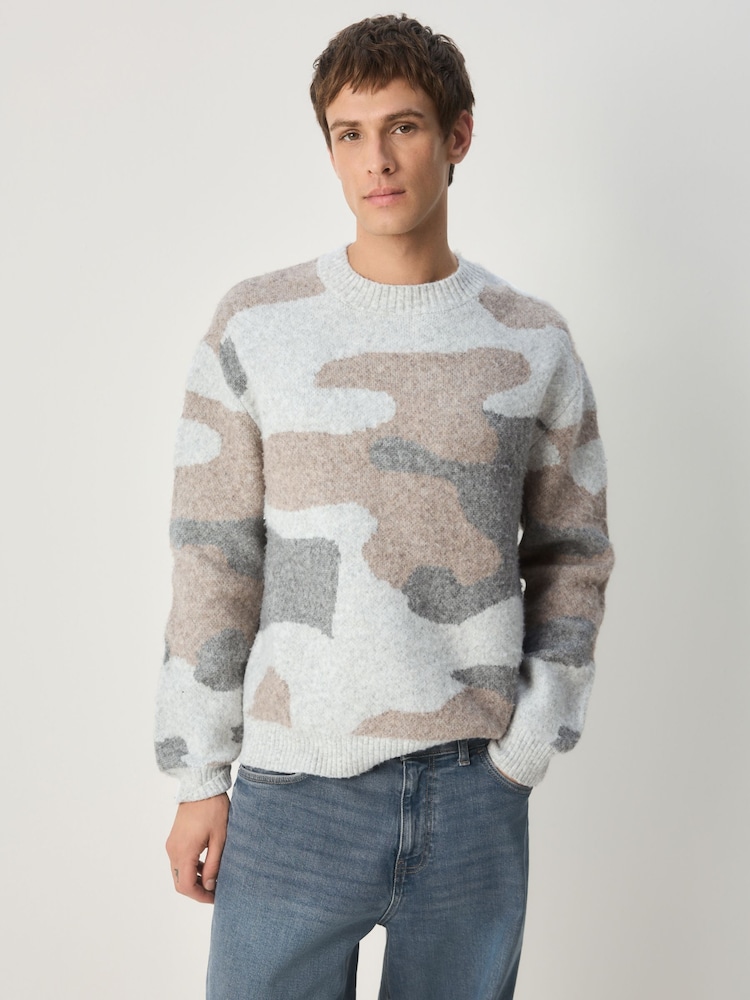 Neutral Relaxed Fit Camo Pattern Crew Neck Jumper with Wool - Image 1 of 7