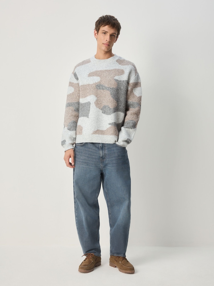 Neutral Relaxed Fit Camo Pattern Crew Neck Jumper with Wool - Image 2 of 7