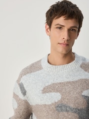 Neutral Relaxed Fit Camo Pattern Crew Neck Jumper with Wool - Image 4 of 7
