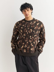 Black/Brown Relaxed Fit Leopard Print Crew Jumper with Wool - Image 1 of 8