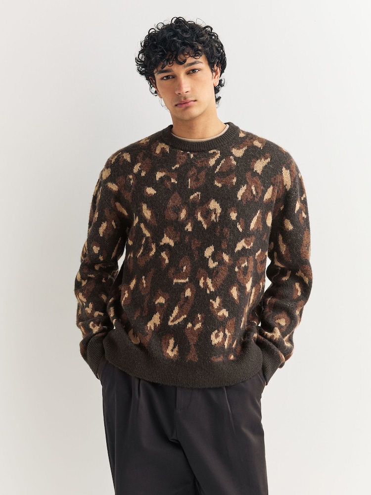 Black/Brown Relaxed Fit Leopard Print Crew Jumper with Wool - Image 1 of 8