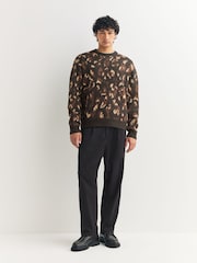 Black/Brown Relaxed Fit Leopard Print Crew Jumper with Wool - Image 2 of 8