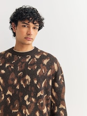 Black/Brown Relaxed Fit Leopard Print Crew Jumper with Wool - Image 3 of 8