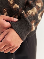 Black/Brown Relaxed Fit Leopard Print Crew Jumper with Wool - Image 5 of 8