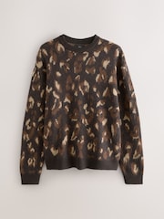 Black/Brown Relaxed Fit Leopard Print Crew Jumper with Wool - Image 6 of 8