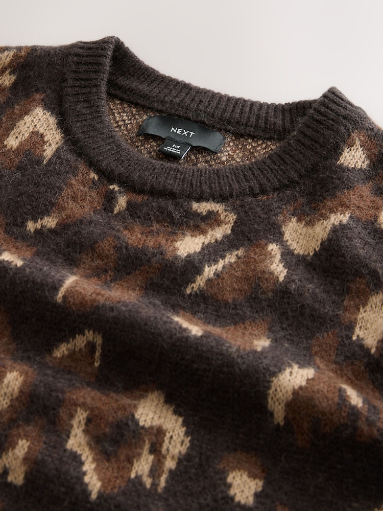 Black/Brown Relaxed Fit Leopard Print Crew Jumper with Wool - Image 8 of 8