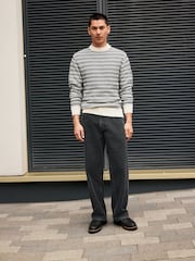 Black/White Regular Fit Striped Crew Neck Jumper with Wool - Image 2 of 7