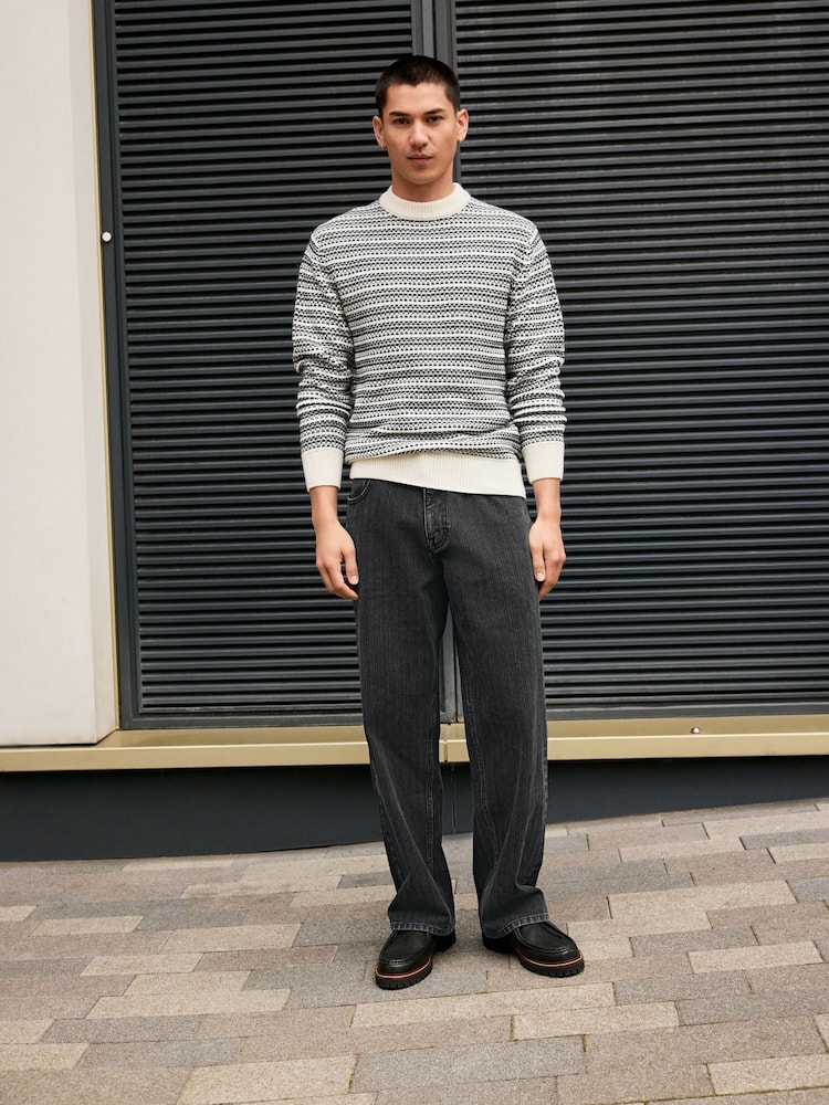 Black/White Regular Fit Striped Crew Neck Jumper with Wool - Image 2 of 7