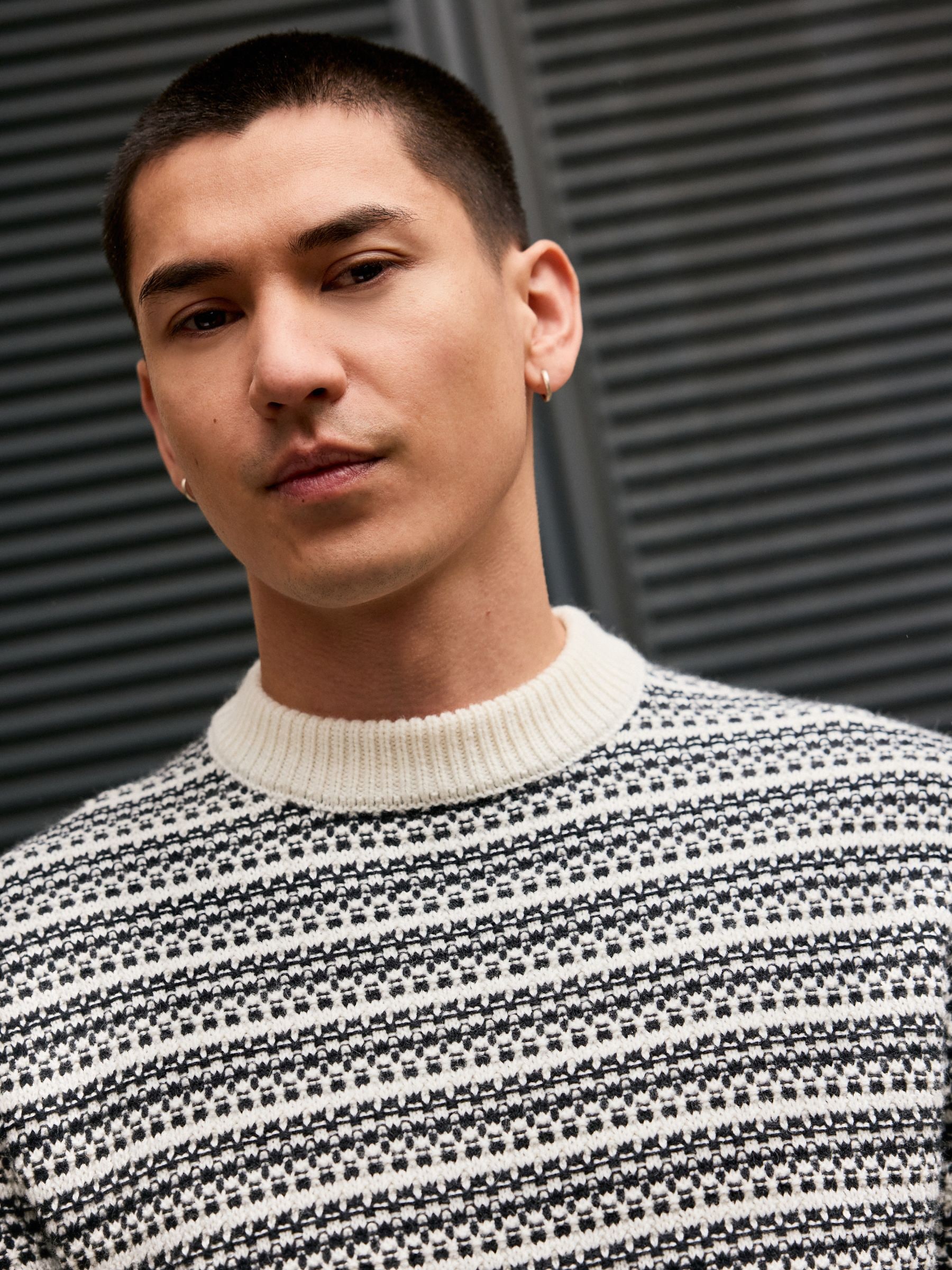 Buy Black/White Regular Fit Striped Crew Neck Jumper with Wool