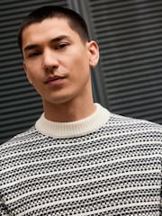 Black/White Regular Fit Striped Crew Neck Jumper with Wool - Image 4 of 7