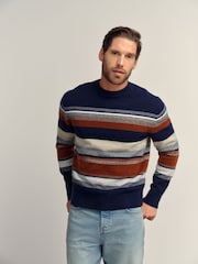 Navy Blue Relaxed Fit Cosy Stripe Crew Jumper with Wool - Image 1 of 7