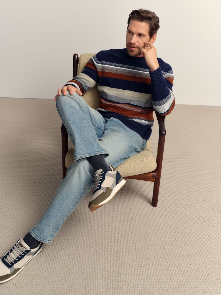 Navy Blue Relaxed Fit Cosy Stripe Crew Jumper with Wool - Image 2 of 7