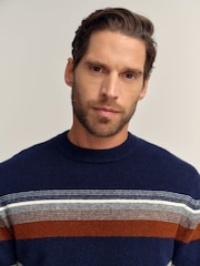 Navy Blue Relaxed Fit Cosy Stripe Crew Jumper with Wool - Image 4 of 7