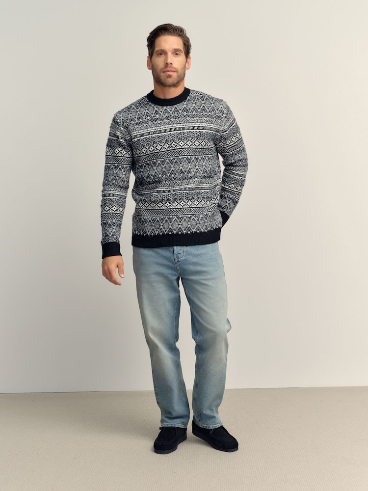 Black/White Regular Fit Fairisle Crew Neck Jumper - Image 2 of 6
