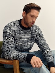 Black/White Regular Fit Fairisle Crew Neck Jumper - Image 3 of 6