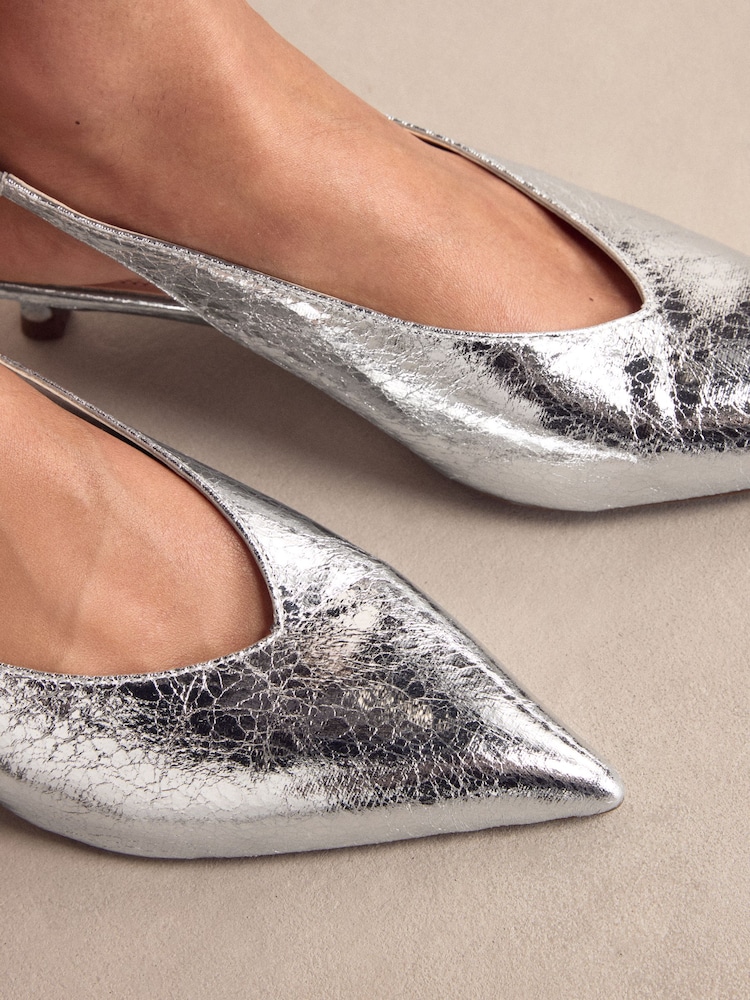 silver slingback dress shoes Silver Metallic Leather Slingback Kitten Heel