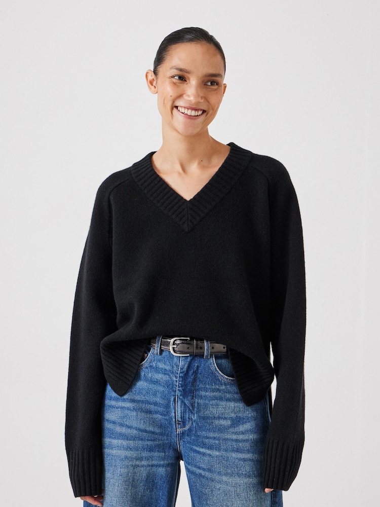 Hush Black Erica Merino Wool V-Neck Jumper - Image 1 of 5