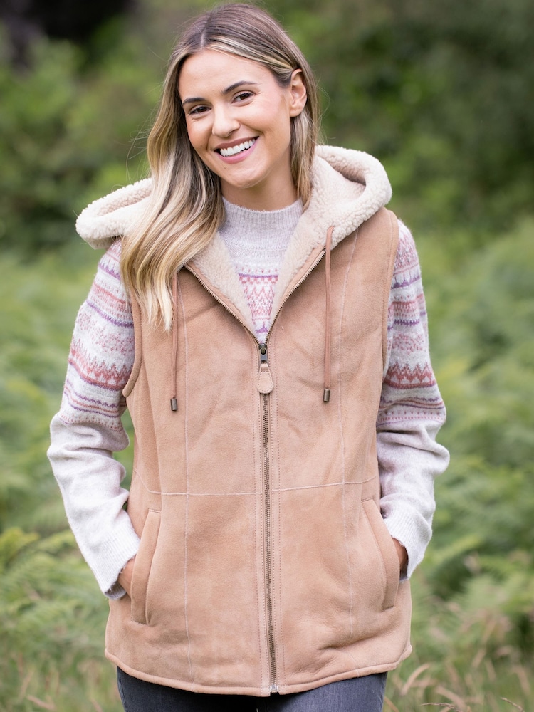 Lakeland Leather Brown Grasmoor Shearling Hooded Gilet - Image 1 of 8