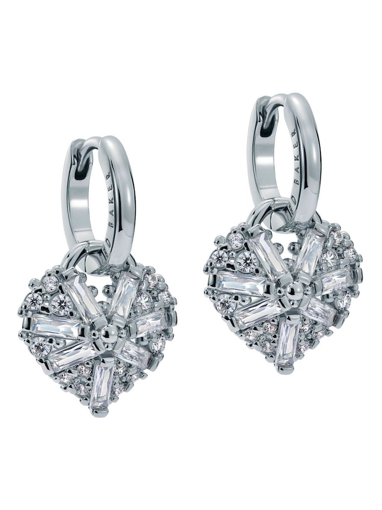 Ted Baker Silver Tone Cherise: Crystal Cluster Heart Huggie Drop Earrings - Image 1 of 5