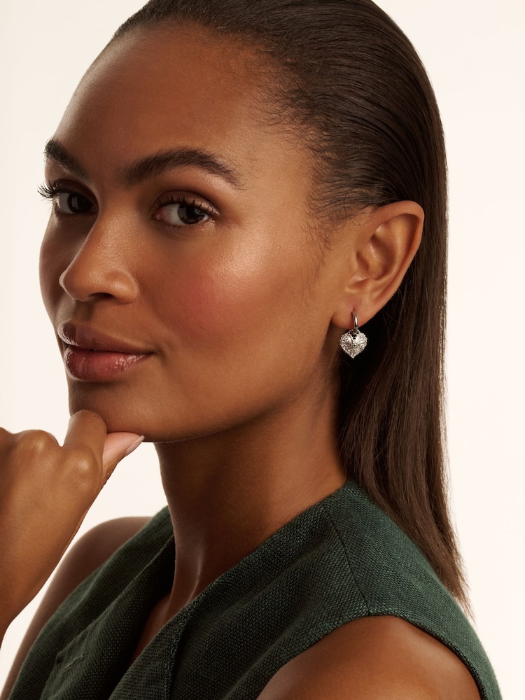 Ted Baker Silver Tone Cherise: Crystal Cluster Heart Huggie Drop Earrings - Image 2 of 5
