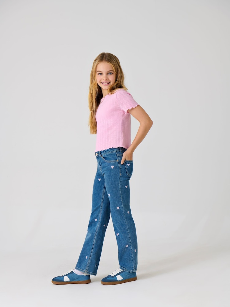 ONLY KIDS Blue Wide Leg Heart Print Jeans - Image 1 of 5