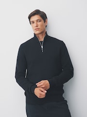 Black Plain Regular Fit Premium Quarter Zip Jumper - Image 1 of 7