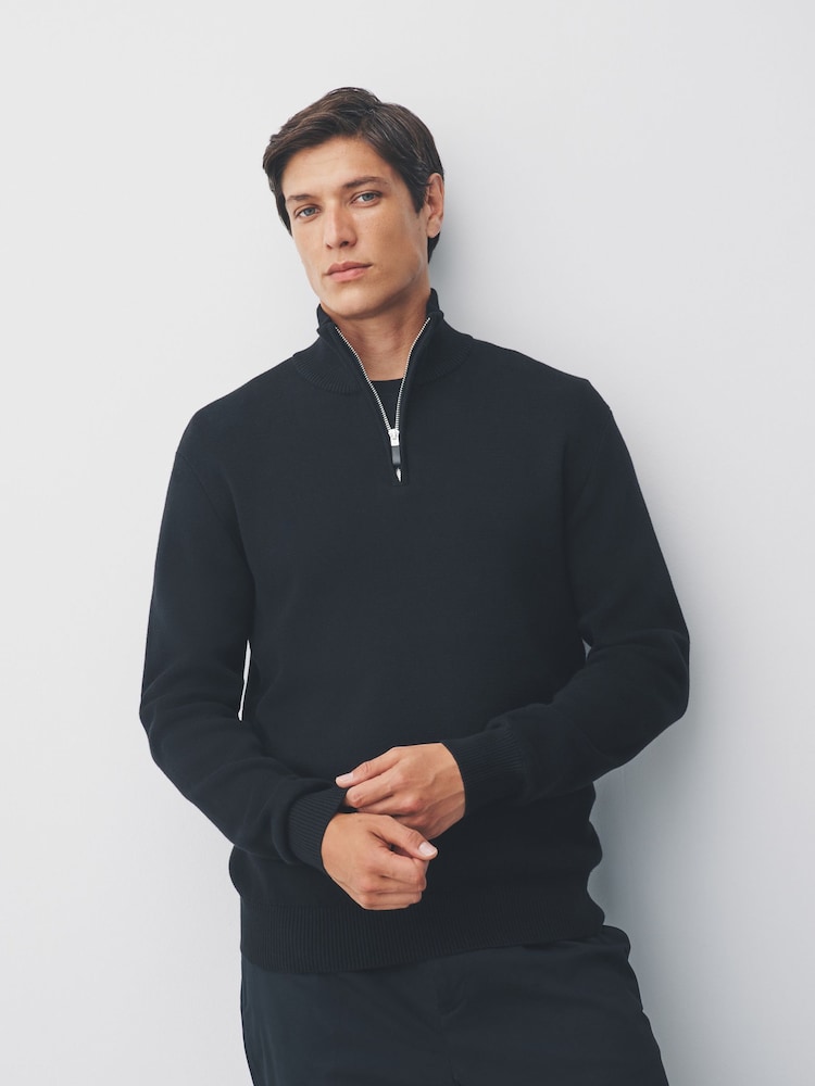 Black Plain Regular Fit Premium Quarter Zip Jumper - Image 1 of 7