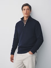 Navy Blue Plain Regular Fit Premium Quarter Zip Jumper - Image 1 of 8