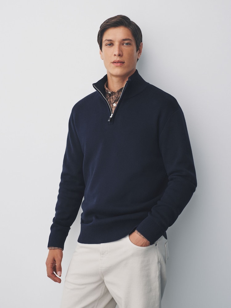 Navy Blue Plain Regular Fit Premium Quarter Zip Jumper - Image 1 of 8 Navy Blue Plain Regular Fit Premium Quarter Zip Jumper - Image 1 of 8