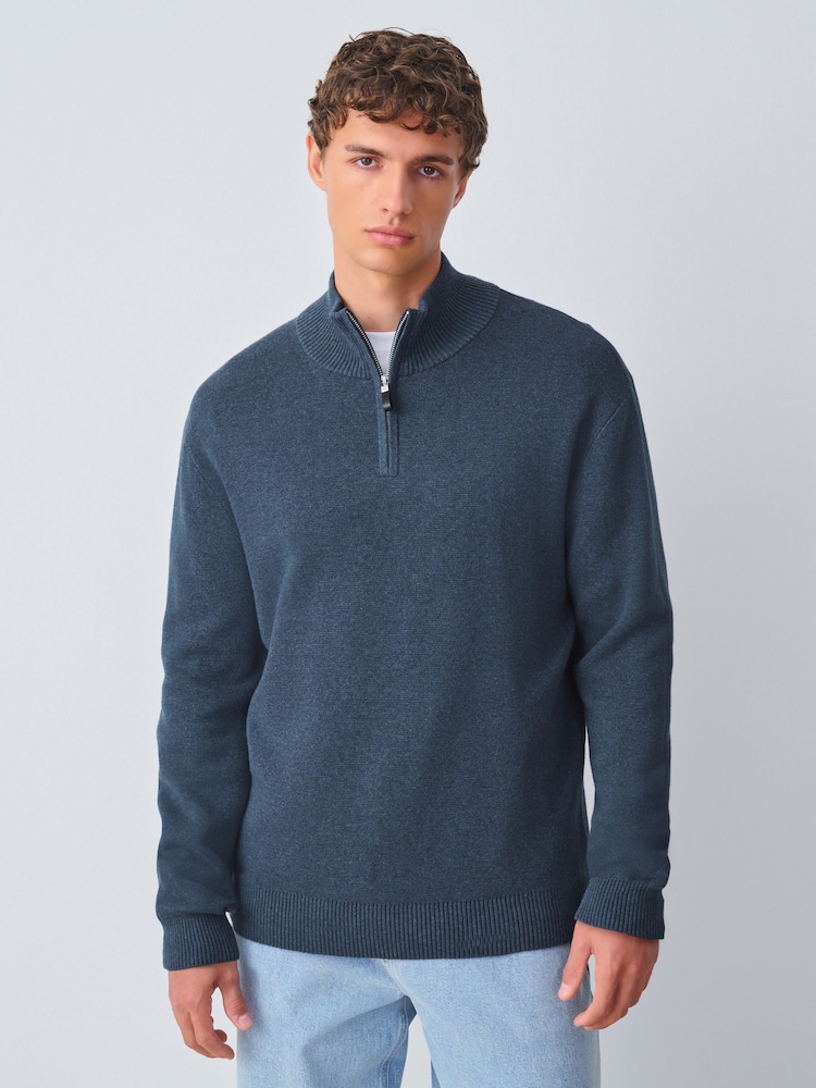 Mid Blue Plain Regular Fit Premium Quarter Zip Jumper - Image 1 of 8
