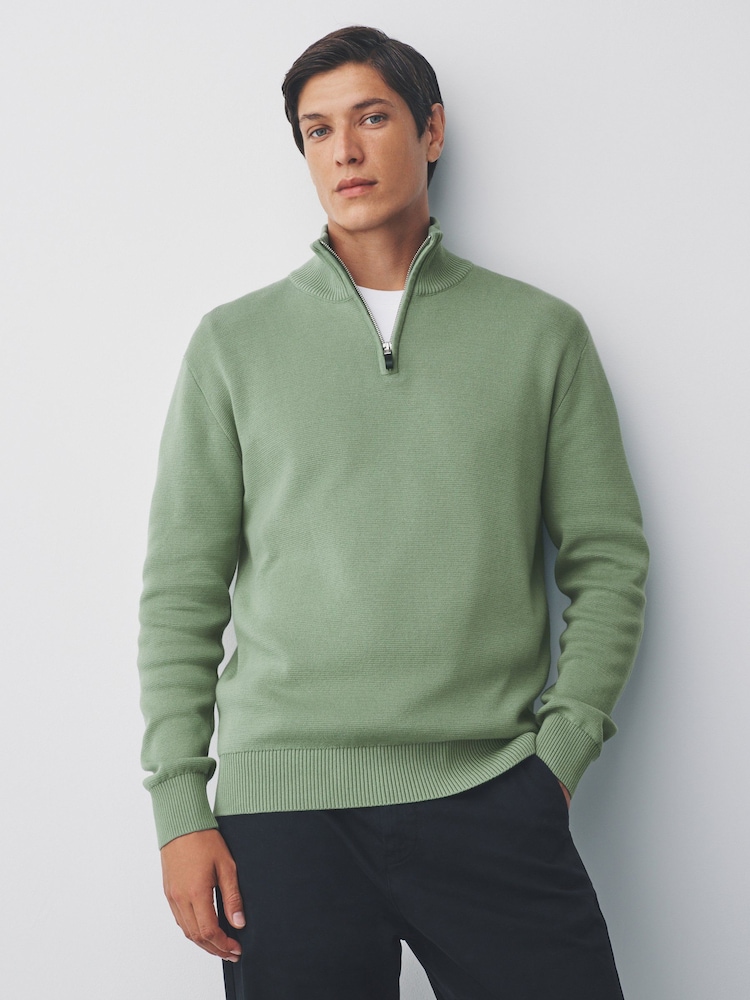 Sage Green Plain Regular Fit Premium Quarter Zip Jumper - Image 1 of 7