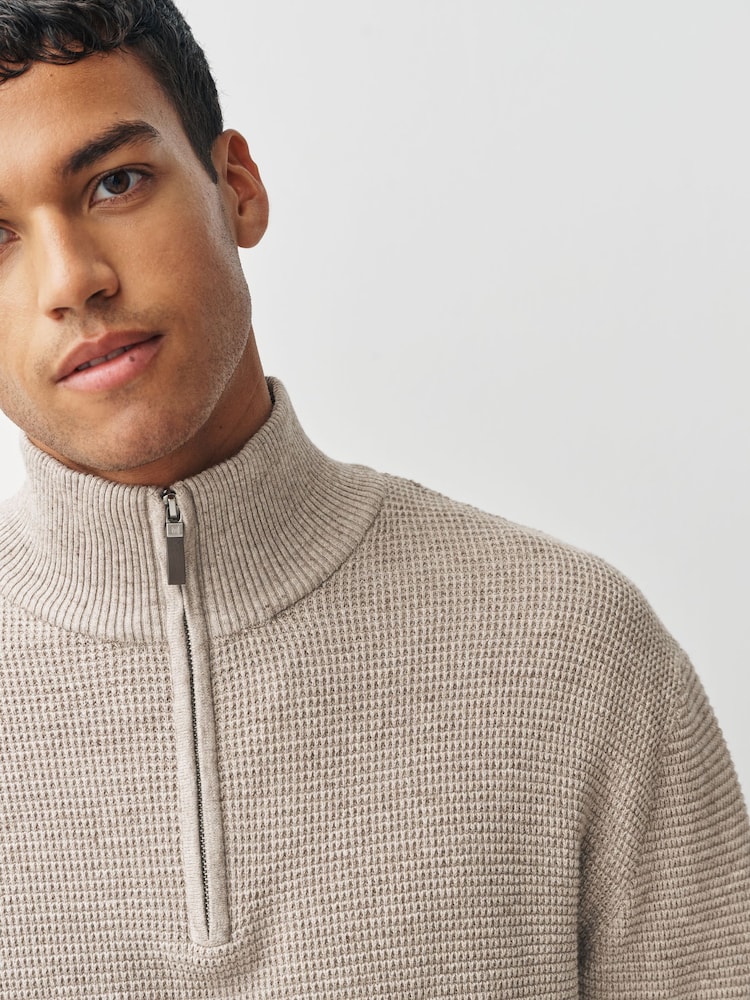 Neutral Regular Fit Textured Premium Quarter Zip Jumper - Image 1 of 8 Neutral Regular Fit Textured Premium Quarter Zip Jumper - Image 1 of 8