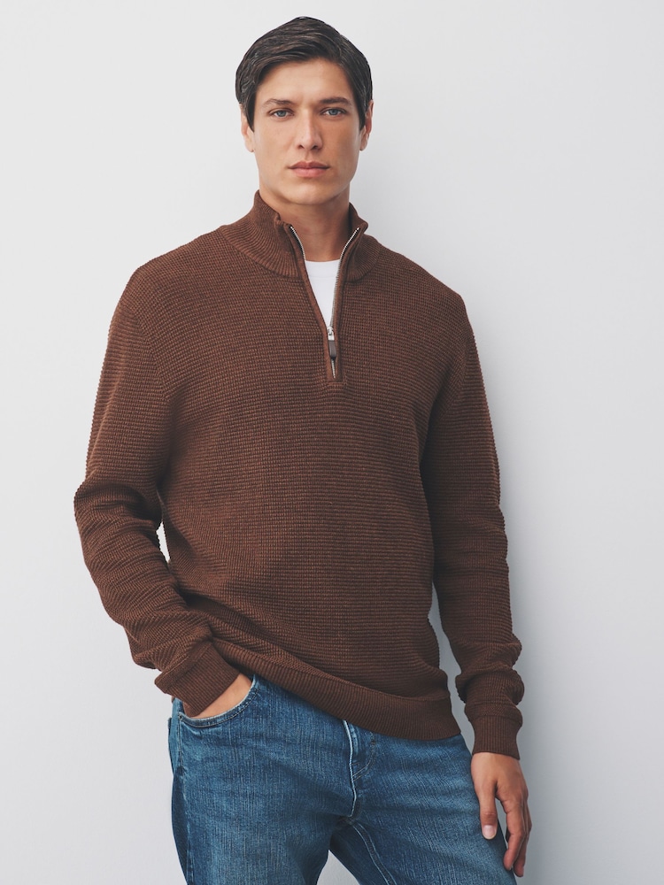 Tan Brown Regular Fit Textured Premium Quarter Zip Jumper - Image 1 of 7