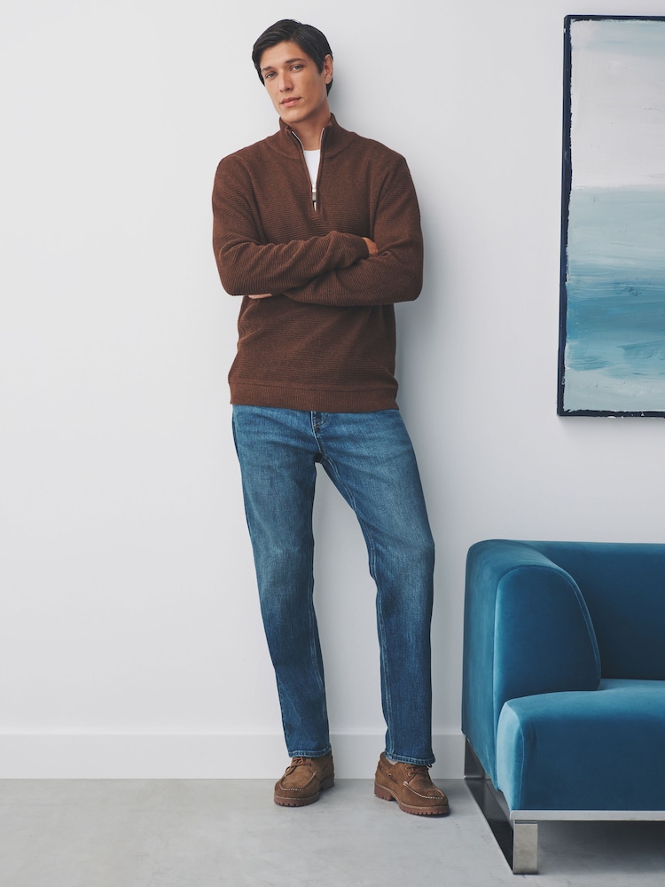 Tan Brown Regular Fit Textured Premium Quarter Zip Jumper - Image 2 of 7
