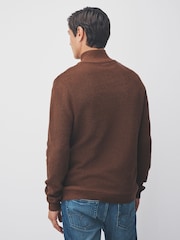Tan Brown Regular Fit Textured Premium Quarter Zip Jumper - Image 3 of 7